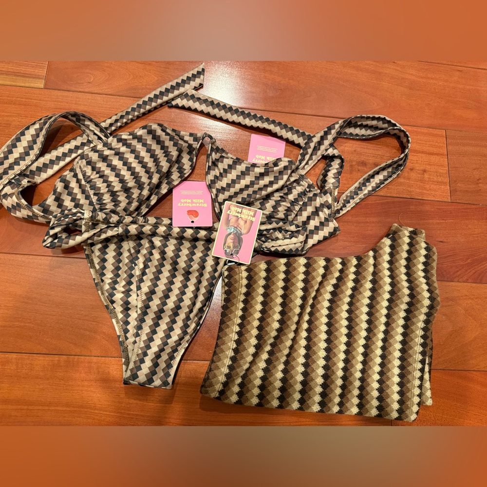 Strawberry Milk Mob Black and Tan Bikini Set
